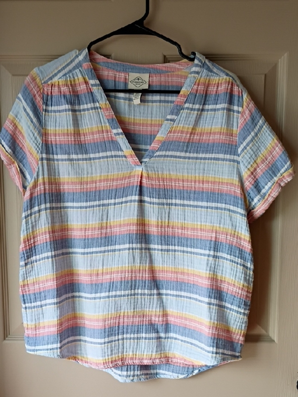 St. John's Bay Pastel Striped Cotton V-Neck Blouse in Blue, Pink & Yellow